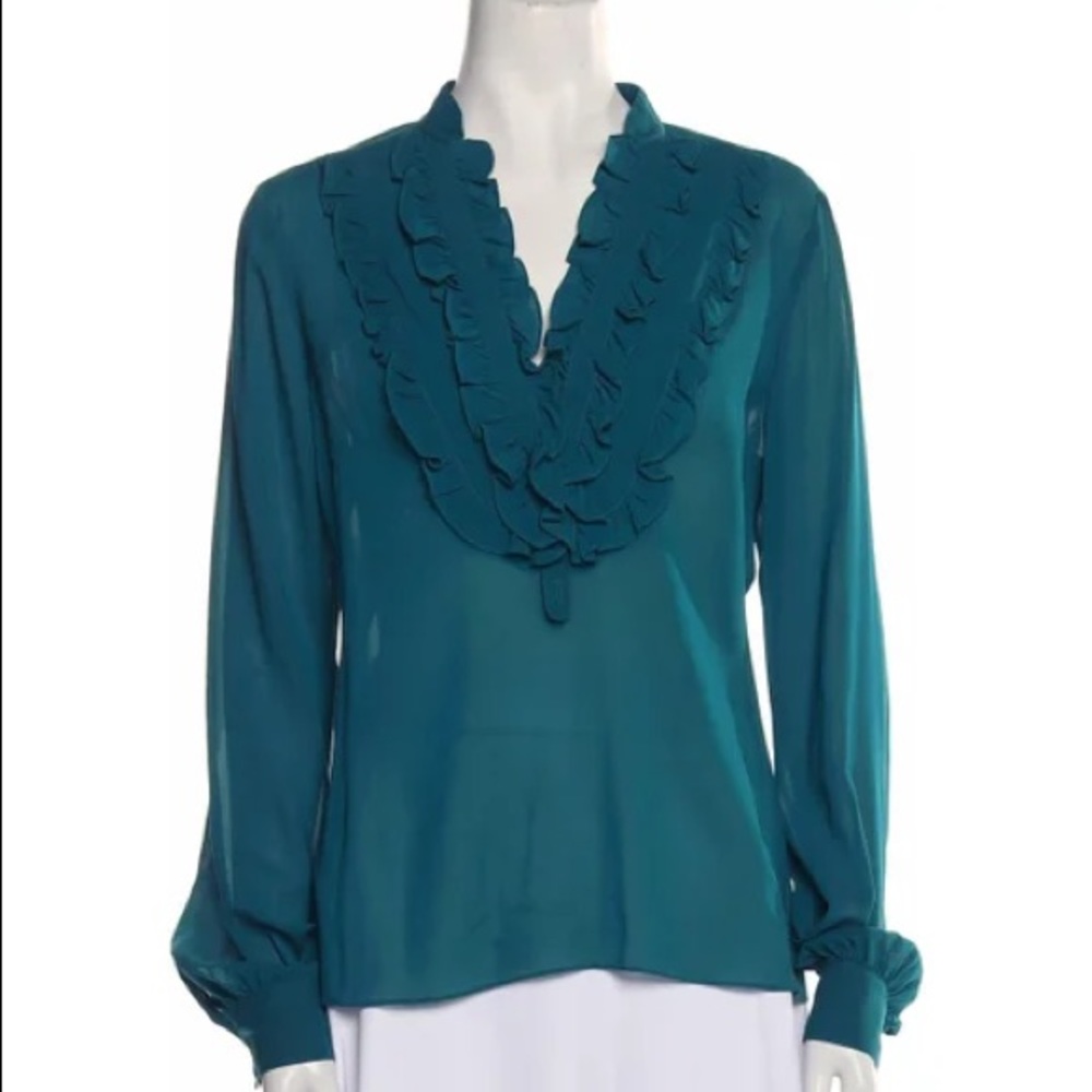 Herve Leger Paris Silk V Neck Ruffle Blouse Top Size 12